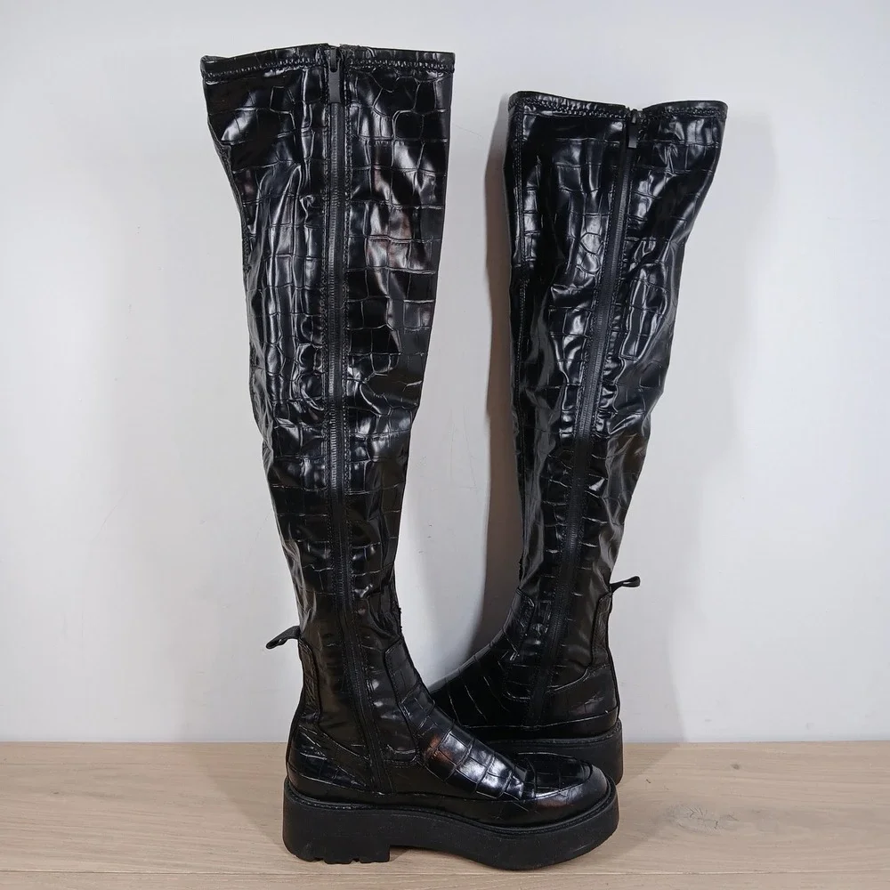 Franco Sarto Janna Boots Womens 6 Black Croc Platform Over The Knee High Gothic